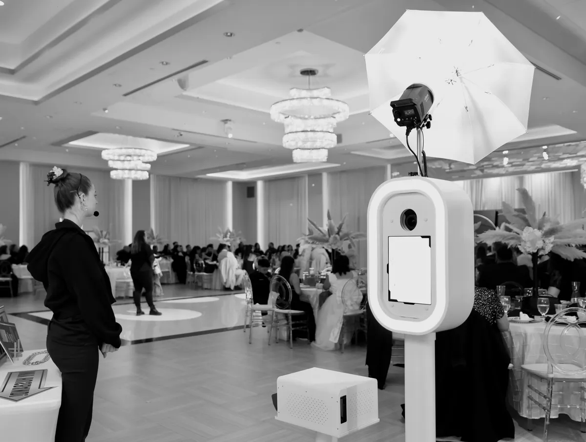 Lumo Photobooth at Southern California wedding reception with guests taking photos